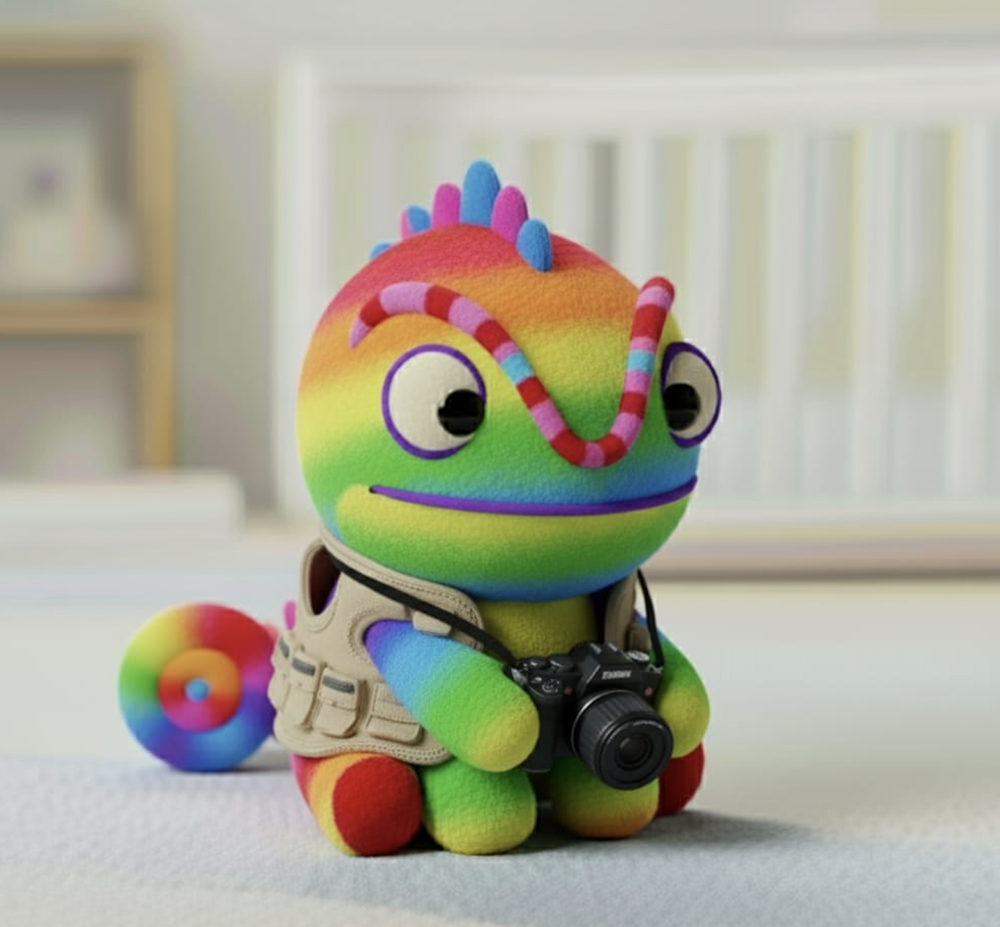 Cacá, o Camaleão, com uma câmera fotográfica