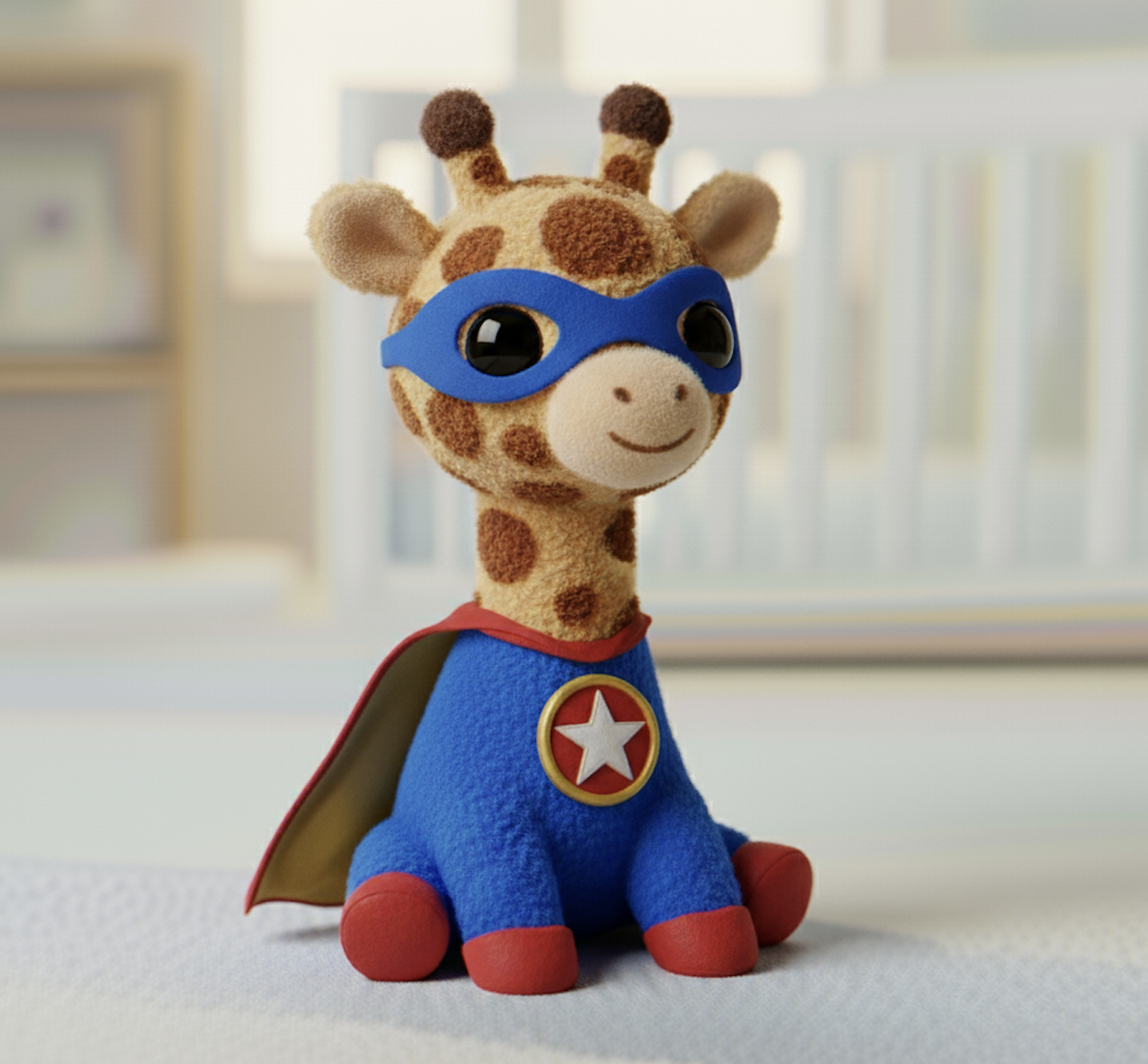 Gigi, a Girafa, com máscara e capa de super-heroína