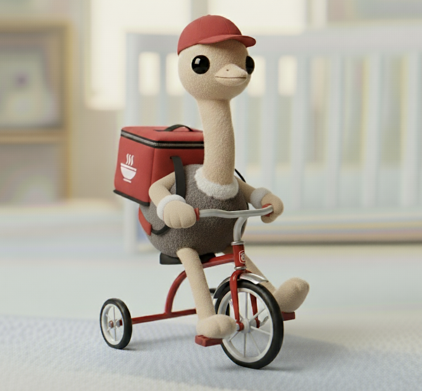 Zé Turbinho, o Avestruz, pedalando seu triciclo de entregas