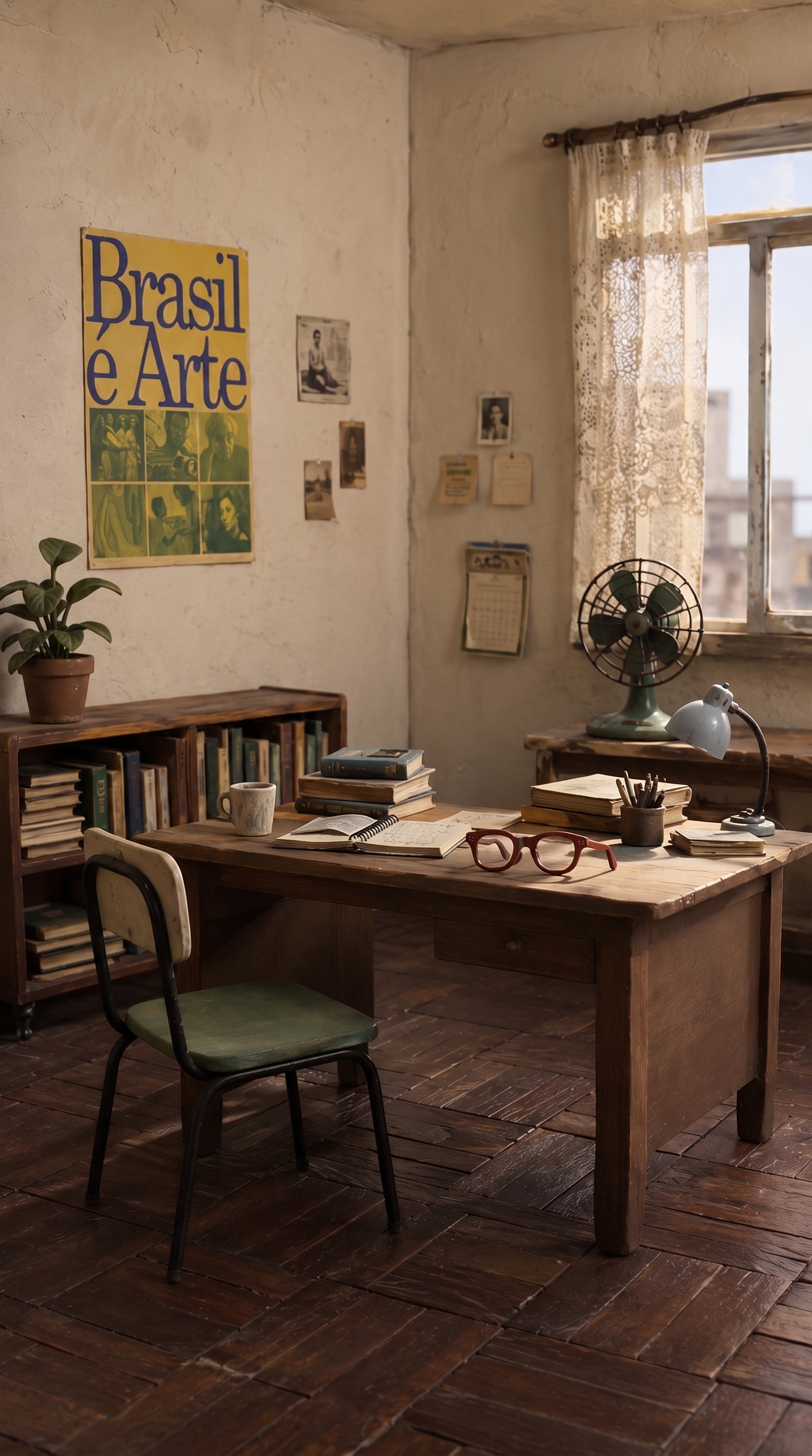 Escritório de Alzira Valério com livros, arquivos e mesa de trabalho
