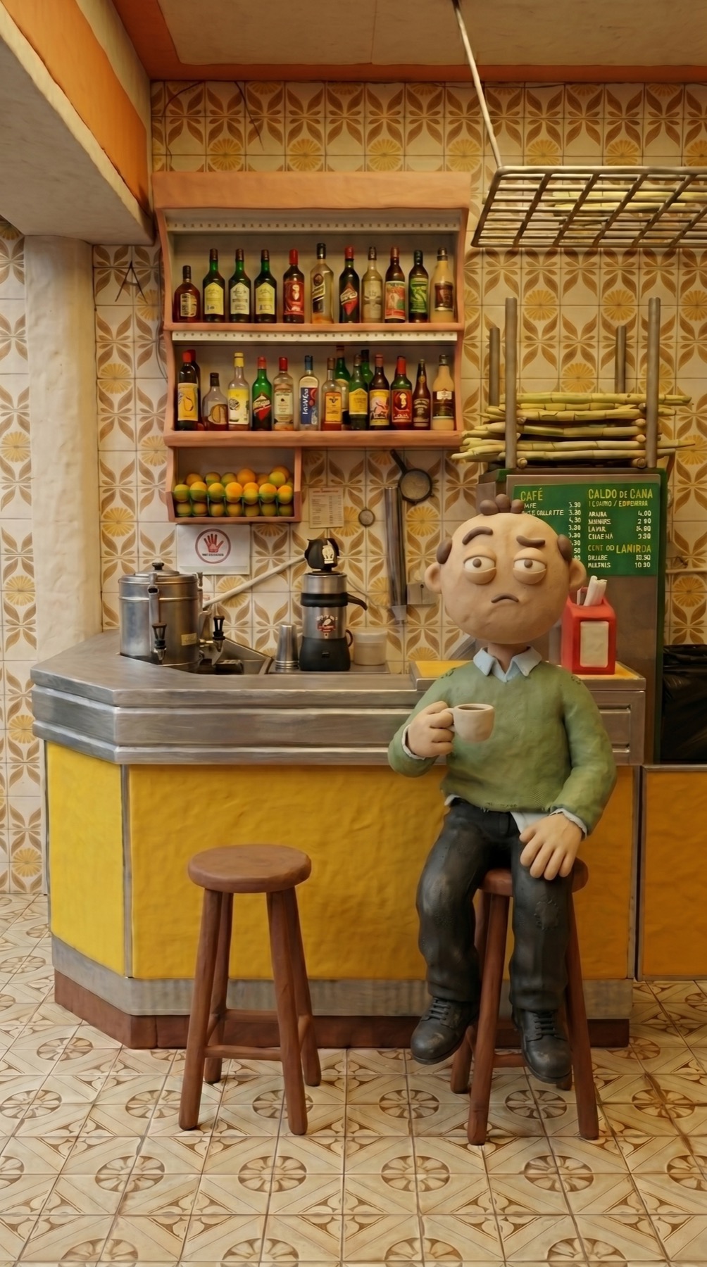 Aristênio sentado em uma lanchonete, segurando uma xícara de café