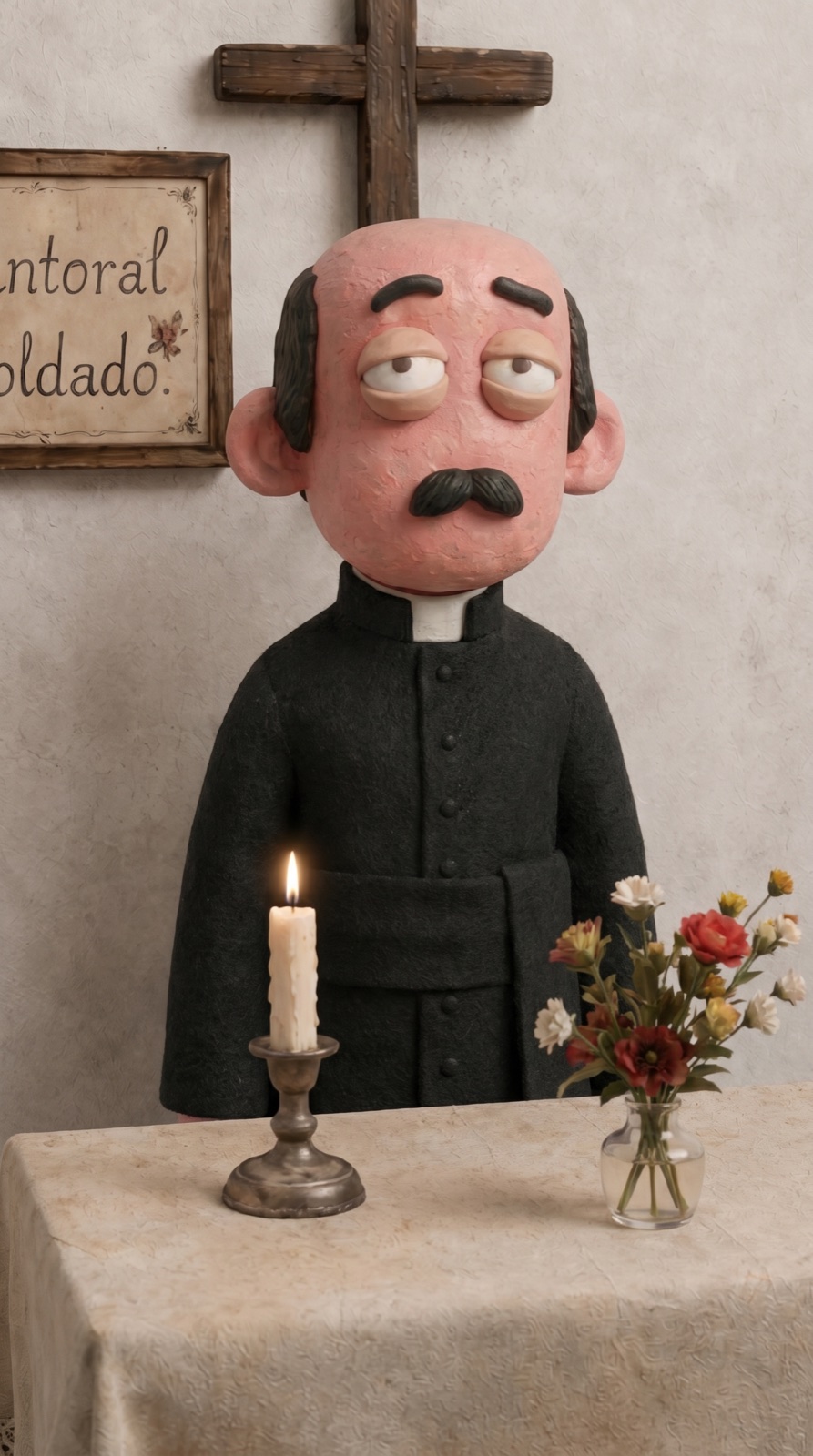 Teófilo das Dores diante de seu altar com vela e flores