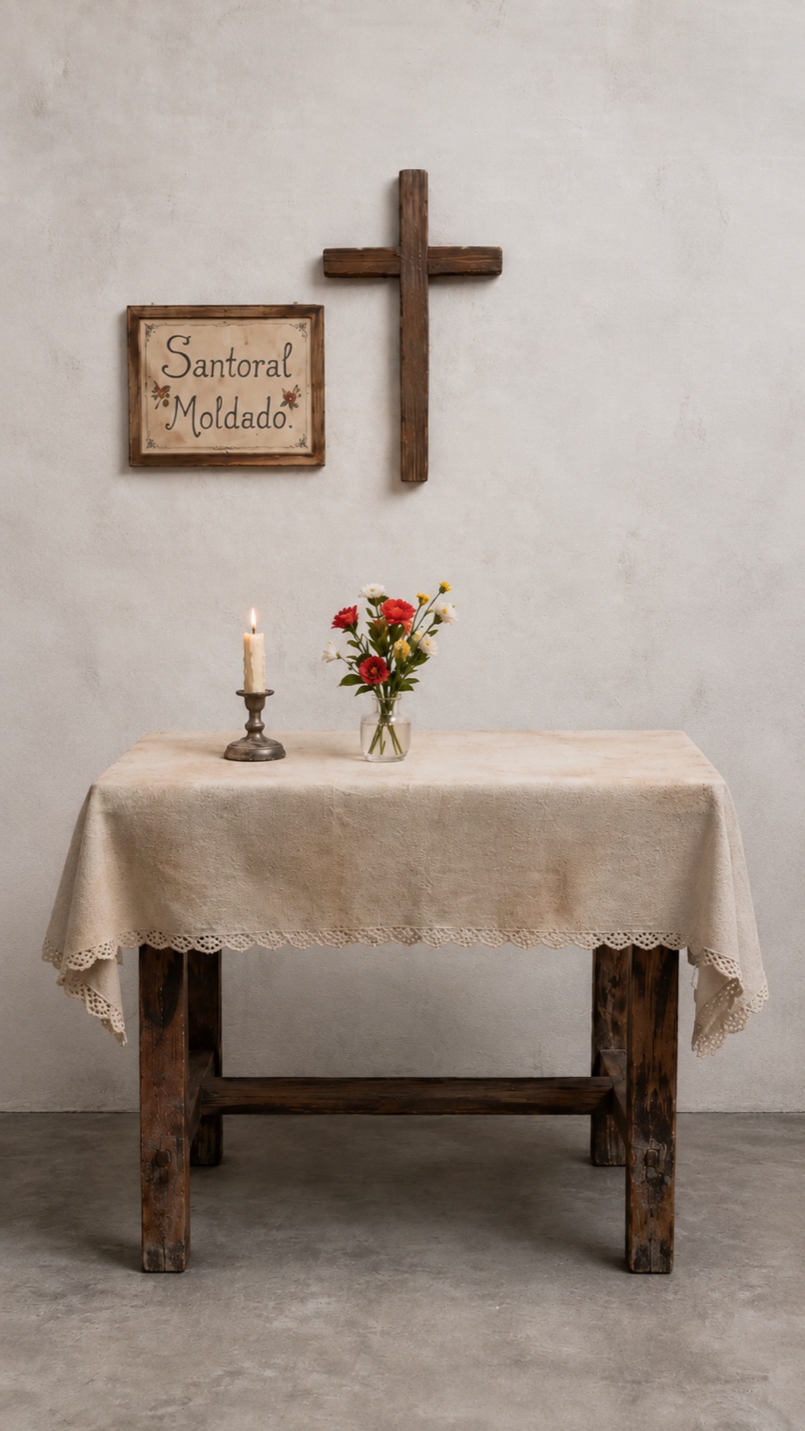 Cenário do Santoral Moldado com mesa, vela, flores e cruz